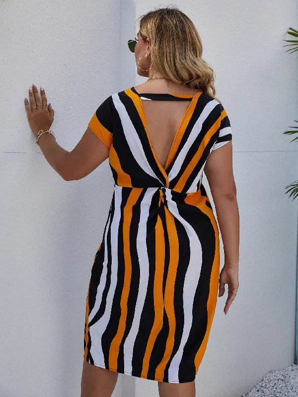 Casual Striped Cap Sleeve V Neck Straight High Waist Mini Plus Size Dress Confident Women's High - fashion