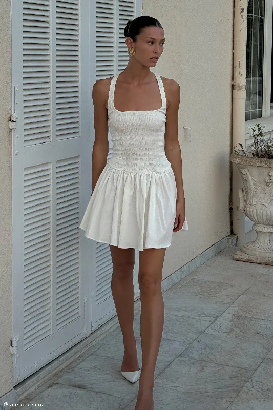 Shelley Cotton Shirred Halter Mini Dress - White Feminine Women's Soft 