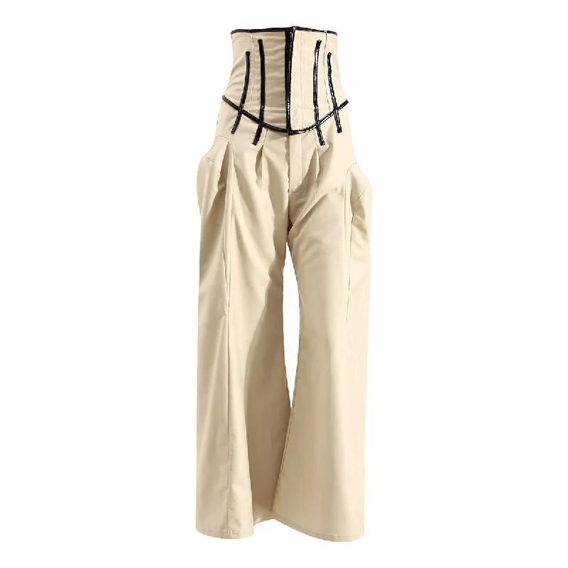 OUDINA Guangzhou Original Design Female Adjustable Fishbone Women Casual Wide Leg Pants High Waist Khaki Trousers For Ladies French OUDINA Guangzhou Original Design Female Adjustable Fishbone Women Casual Wide Leg Pants High Waist Khaki Trousers For Ladies French