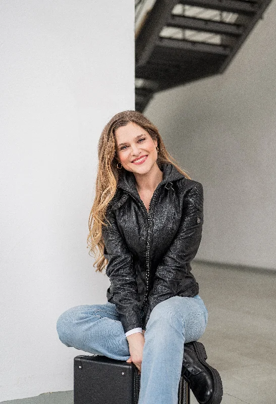 Hooded Leather Biker Jacket Preppy Women's College