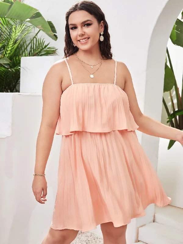 Boho Plain Pleated Sleeveless Spaghetti Strap Pleated High Waist Mini Plus Size Dress Athletic Women's 