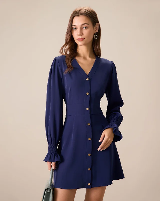 Women's Navy Ruffle Long Sleeve Mini Dress Classic Women's Tweed