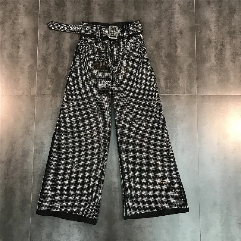 OUDINA Trendy New Full Long Trousers With Belt Casual Ladies Shiny Sequins Pant Women Wide Leg Pants Gym