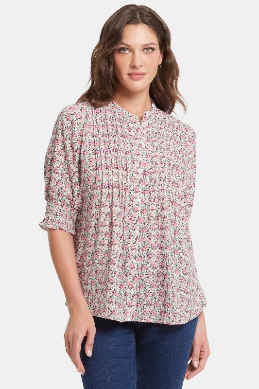 Pleated Short Sleeved Blouse - Woodland Blooms Women