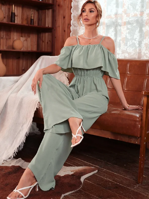 Elegant Plain Ruffle Half Sleeve Cold Shoulder Natural Long Women Jumpsuit Earthy Women's Hemp - based Elegant Plain Ruffle Half Sleeve Cold Shoulder Natural Long Women Jumpsuit Earthy Women's Hemp - based