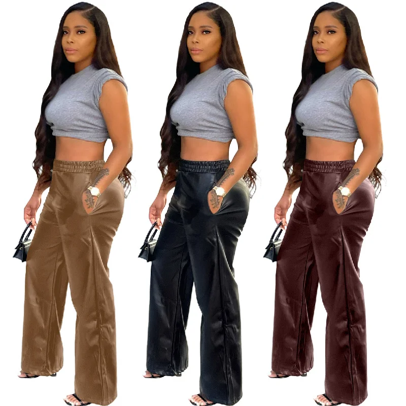 Z64370 Fashion Casual elastic PU leather High Waist Wide Leg pants Fall Women Trousers Youthful Women's Anime - inspired Z64370 Fashion Casual elastic PU leather High Waist Wide Leg pants Fall Women Trousers Youthful Women's Anime - inspired