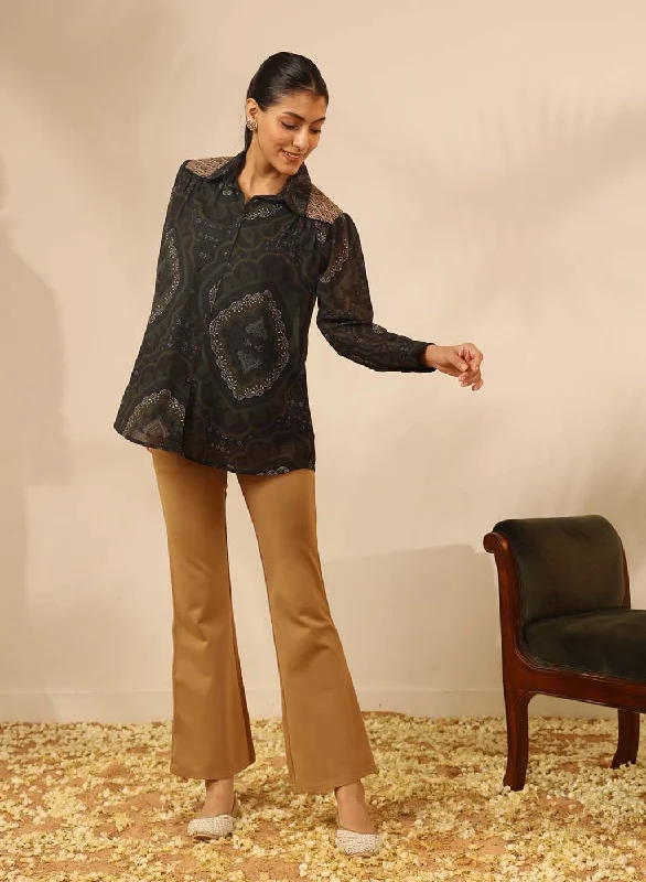 Green Chiffon Shirt with Zari Embroidery Hip Women's Retro