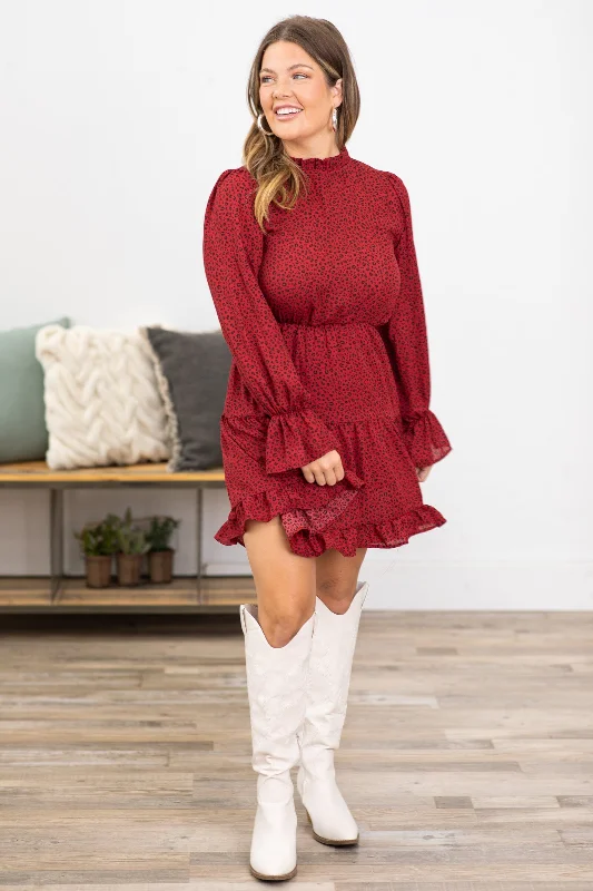 Wine and Black Animal Print Long Sleeve Dress Modern Women's Tech