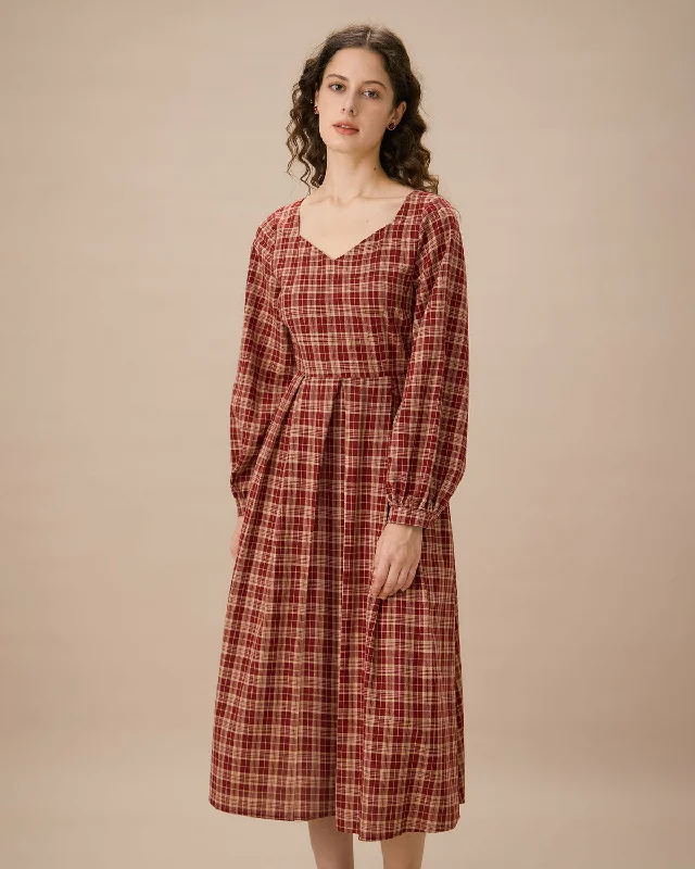 Red Sweetheart Neck Plaid Midi Dress garde