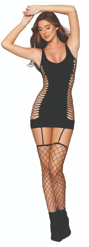 Fence Net Lingerie Mini Dress with Garters Casual Women's Loose - fitting