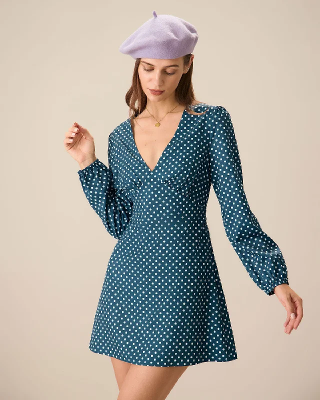Women's Navy V-neck Polka Dot Mini Dress Athletic Women's 
