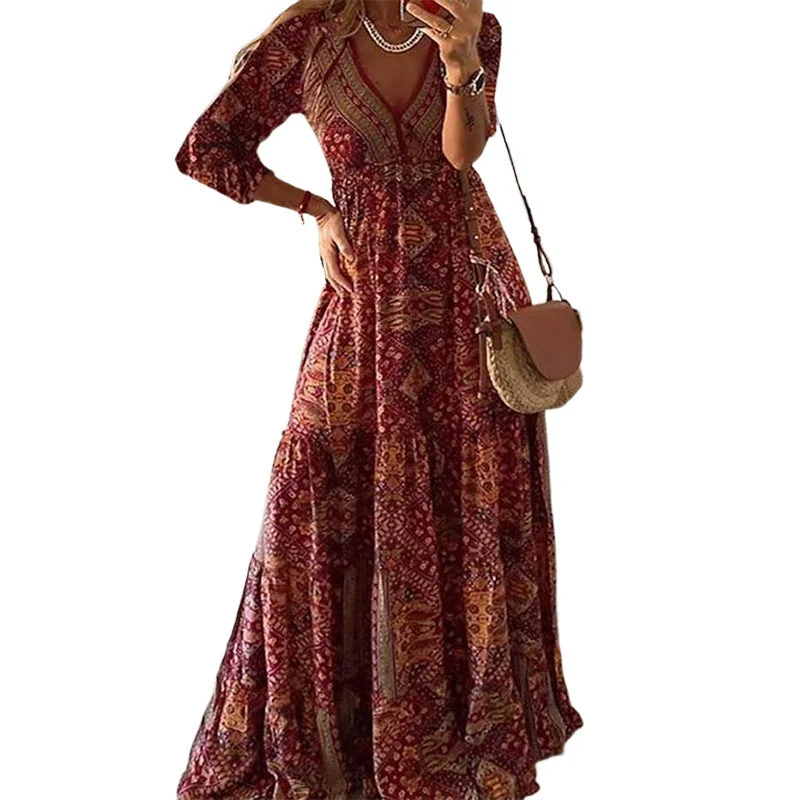 Fashion Printed Mid Sleeve V-Neck Long Dresses Wholesale Dresses Contemporary 