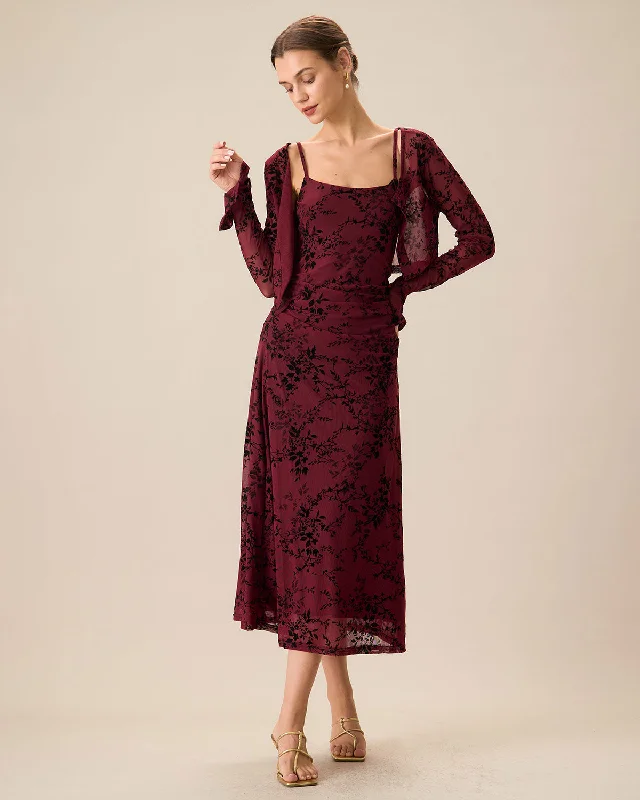 Red Floral Bodycon Slip Midi Dress Stylish Women's Neon