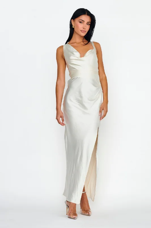 Midnight Sun Asymmetrical Strap Maxi Dress Oyster Elegant Women's Formal 