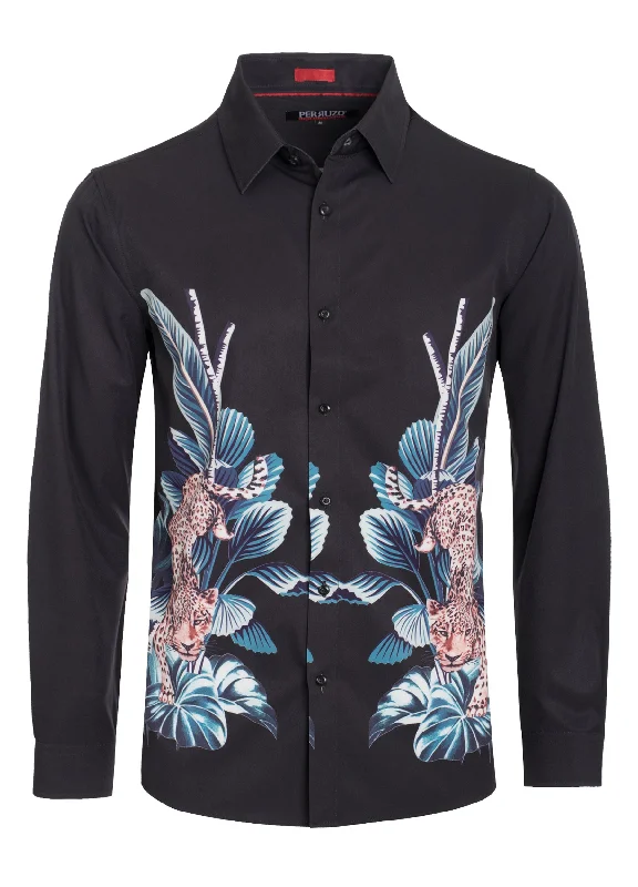 Black Leopard Digital Printed Design Stretch L/S Shirt (4846) Refined Women's Hand - crafted