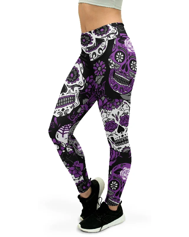 Purple Sugar Skull Yoga Pants Trendy Women's 