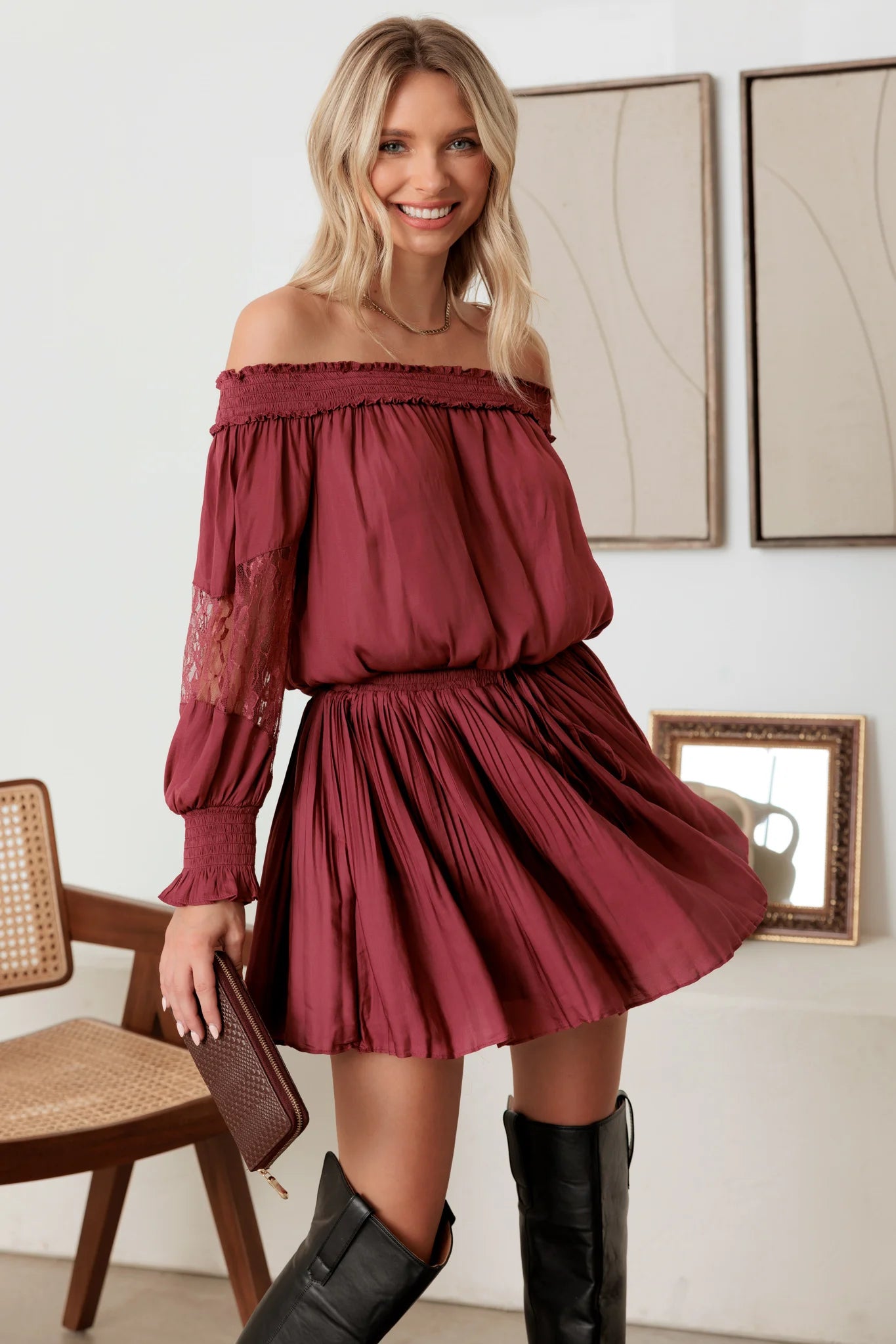 Smocked Off-Shoulder Lace Sleeve Mini Dress Sporty Women's Tennis