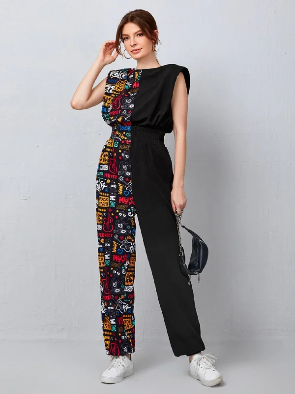 Casual Graphic Sleeveless Round Neck High Waist Long Women Jumpsuit Sleek Women's Metallic Casual Graphic Sleeveless Round Neck High Waist Long Women Jumpsuit Sleek Women's Metallic