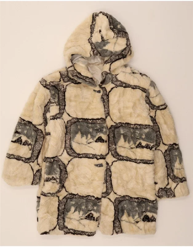 VINTAGE Womens Hooded Faux Fur Overcoat UK 18 XL Beige Patchwork Artistic Women's Avant - VINTAGE Womens Hooded Faux Fur Overcoat UK 18 XL Beige Patchwork Artistic Women's Avant -