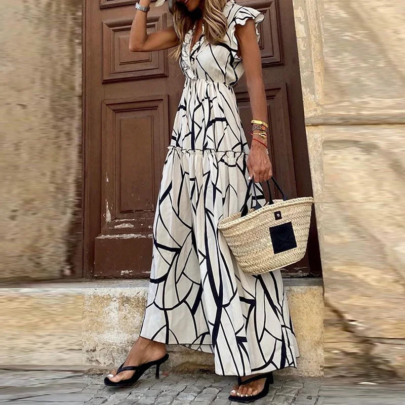 Casual Vein Printed V-Neck Ruffle Dress Wholesale Dresses Confident Women's Power
