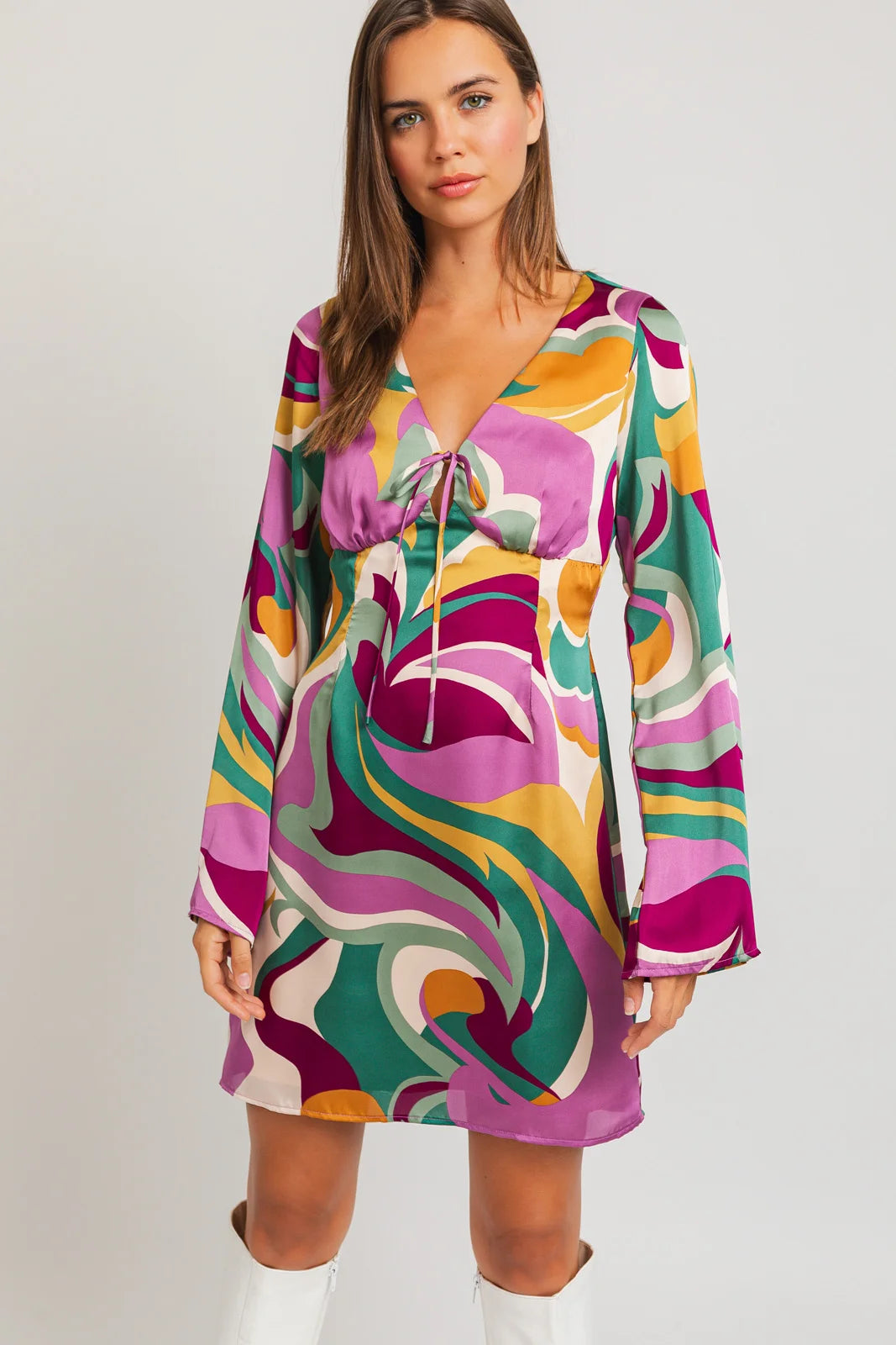 Satin Retro Long WiderSleeve Front Tie Mini Dress Trendy Women's Oversized