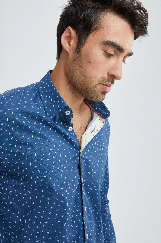 Navy Woven Bird Print Shirt Traditional Women's 