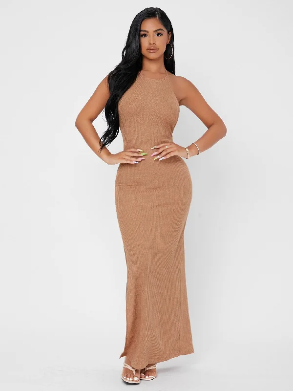 Glamorous Plain Tie Back Sleeveless Halter Pencil Natural Maxi Dress Sustainable Organic
