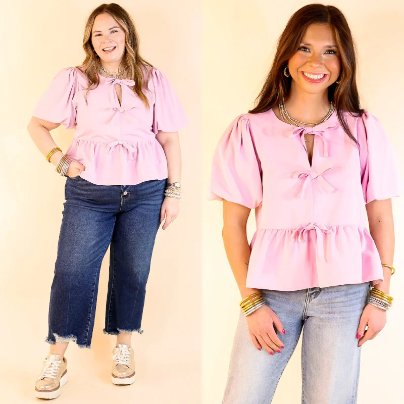 Simply Stunning Short Puff Sleeve Top with Bow Tie Detailing in Baby Pink Artistic Women's Hand - painted