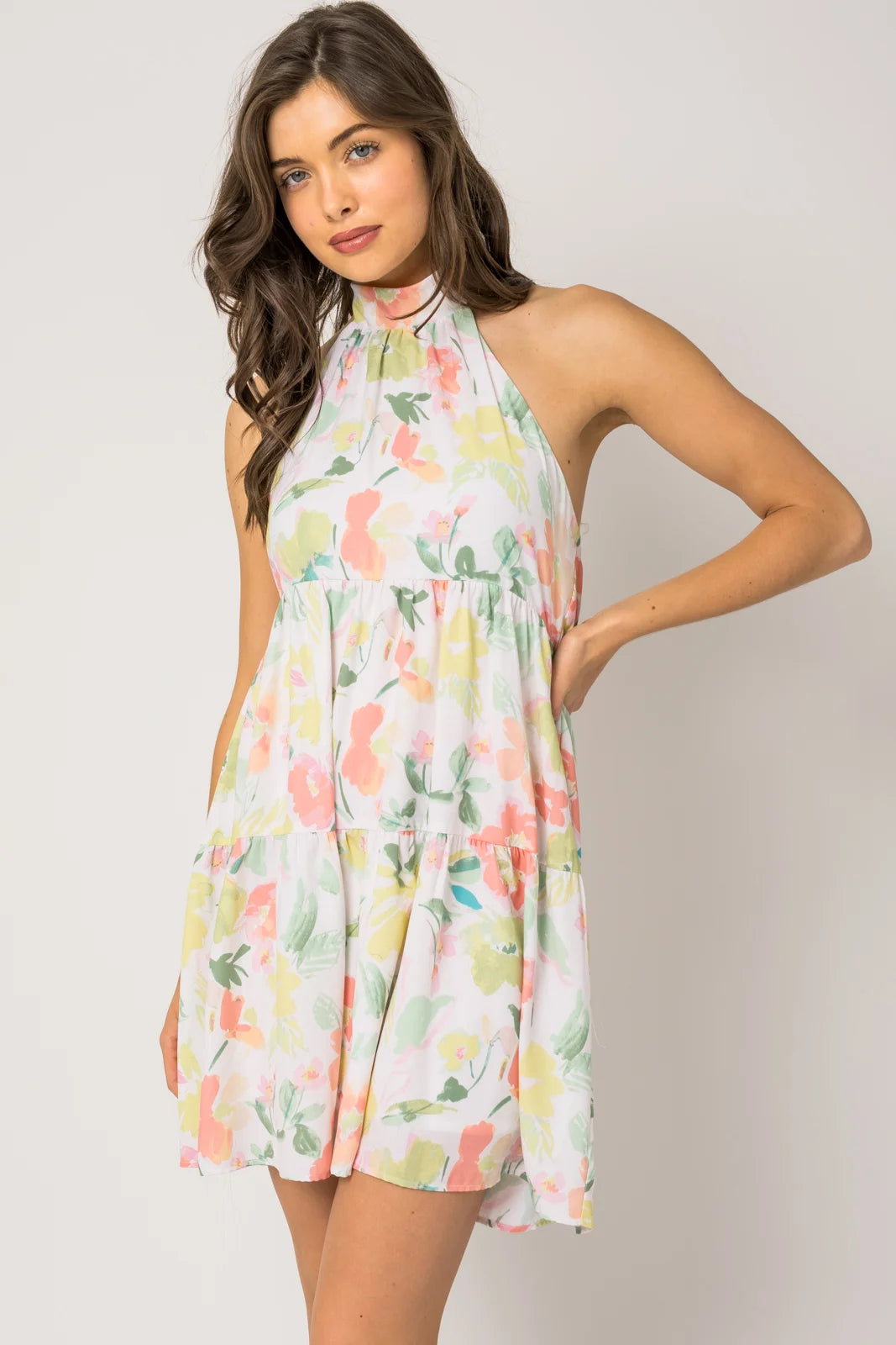 Sleeveless Halter Neck Shirring Floral Print Dress British Gentlewoman Style