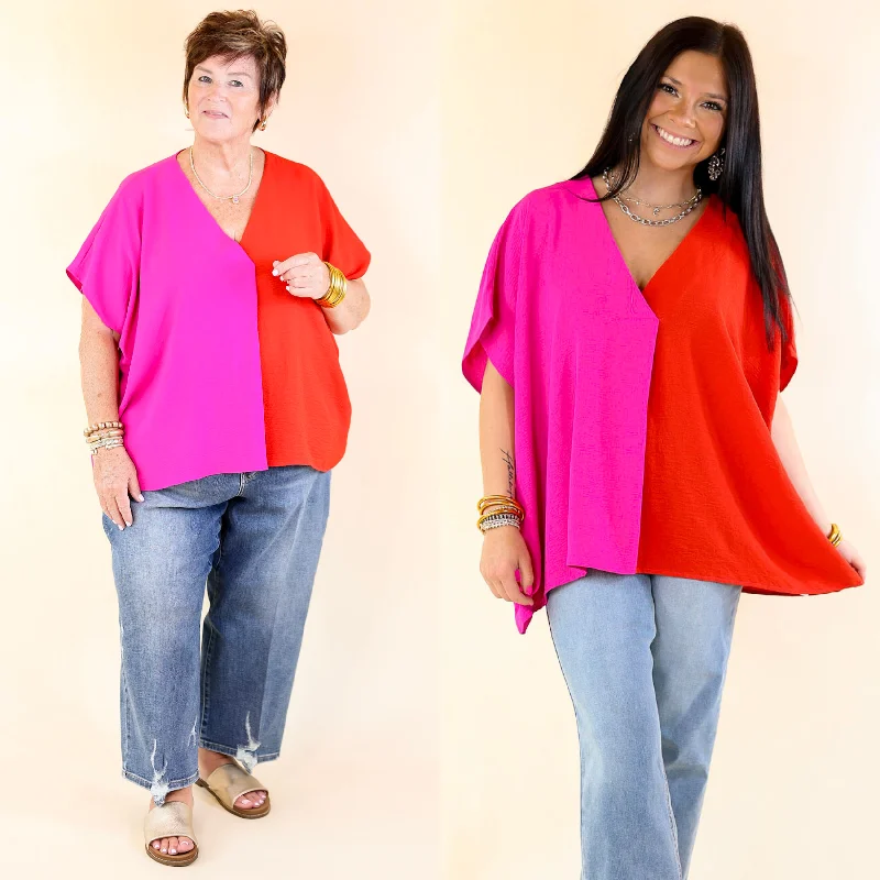 Weekend Out V Neck Placket Color Block Short Sleeve Top in Red and Pink Artistic Women's Hand - painted