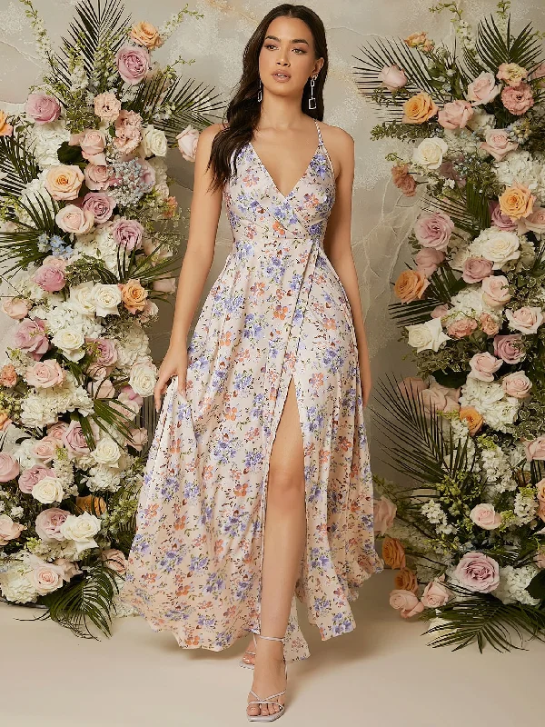 Ditsy Floral Split Thigh Sleeveless Spaghetti Strap Slit High Waist Maxi Dress Elegant Women's Formal Ditsy Floral Split Thigh Sleeveless Spaghetti Strap Slit High Waist Maxi Dress Elegant Women's Formal