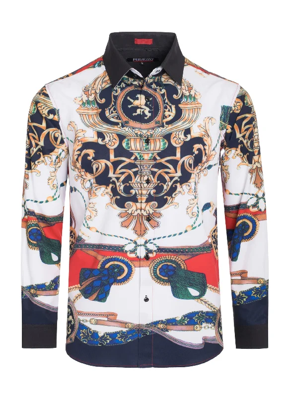 White Digital Printed Design Stretch L/S Shirt (4837) Sleek Women's Metallic