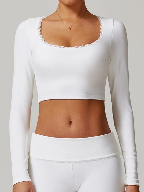 ZASUWA Female Ribbed Solid Color Lace Edge Long Sleeves Trendy Women's 