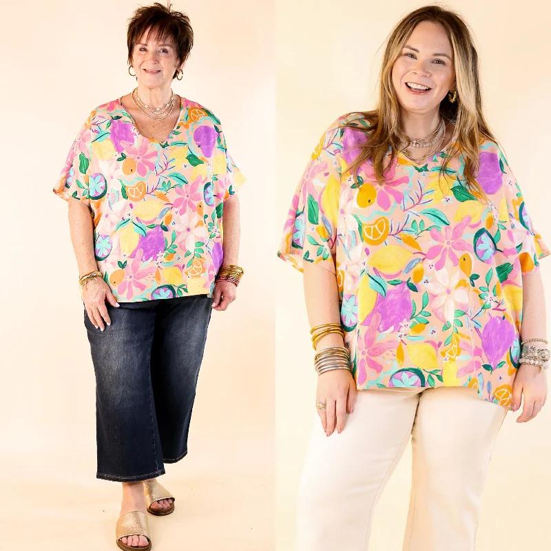 Majestic Moment V Neck Fruit Print Poncho Top in Blush Pink Cozy Women's Winter