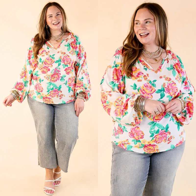 Follow Your Happiness Notched V Neck Floral Top with Long Sleeves in White Relaxed Women's Follow Your Happiness Notched V Neck Floral Top with Long Sleeves in White Relaxed Women's