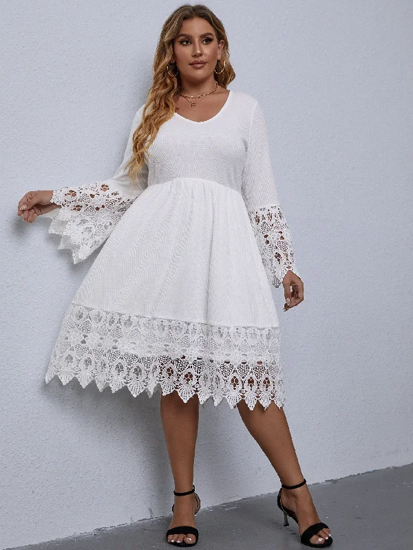 Elegant Plain Contrast Lace Long Sleeve V Neck Flared High Waist Midi Plus Size Dress Polished Women's Silk Elegant Plain Contrast Lace Long Sleeve V Neck Flared High Waist Midi Plus Size Dress Polished Women's Silk