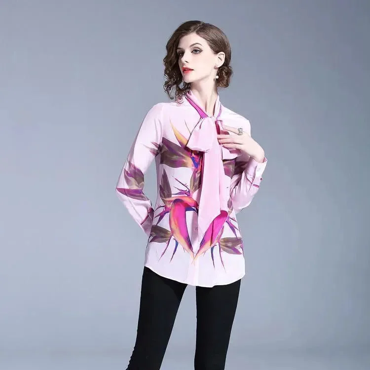 Pink Bow Tie Women Blouse Sharp Women's Italian