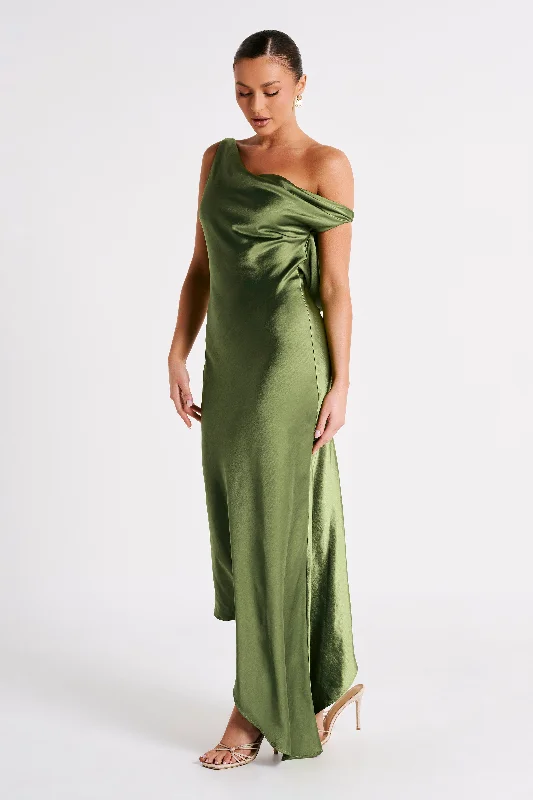 Yvette Slip Maxi Dress With Asymmetrical Hem - Emerald Artistic Women's Hand - painted