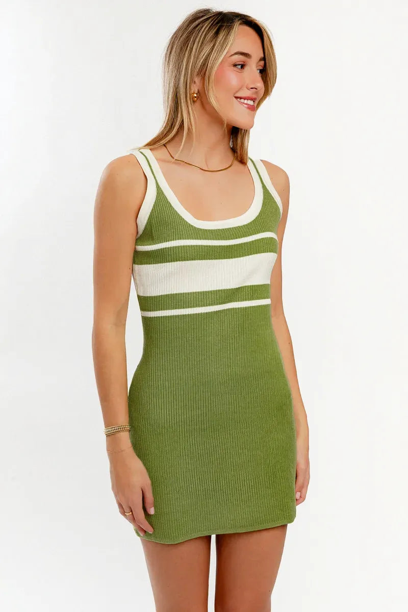 Sleeveless Scoop Neck Ribbed Mini Sweater Dress Classic Women's Pin - striped