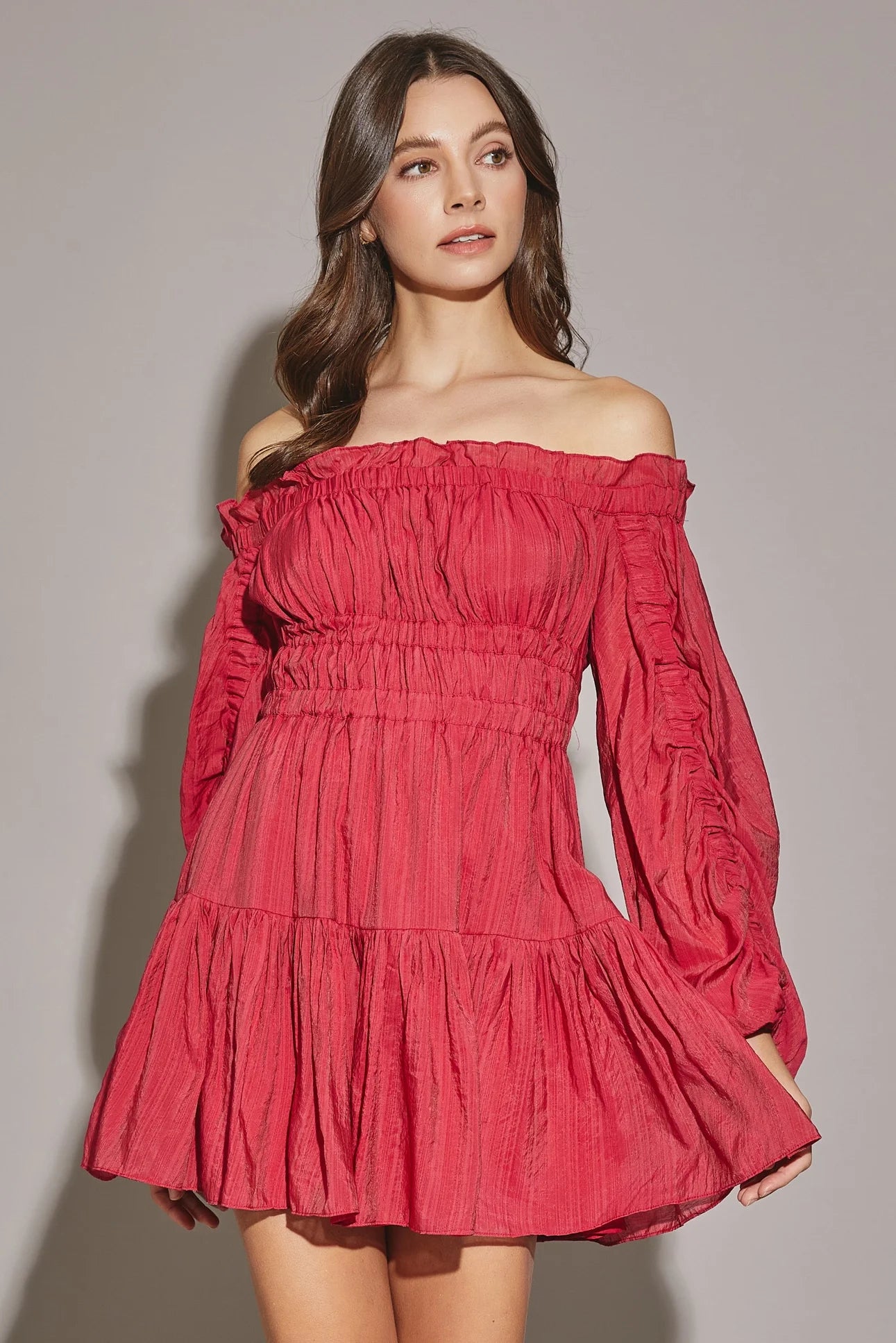 Off The Shoulder Shirred Tiered Hem Mini Dress Hip Women's Urban
