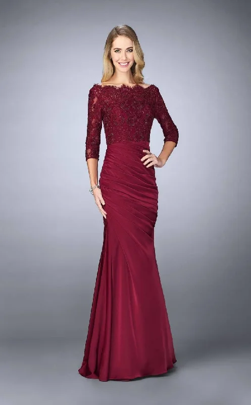 La Femme - 24926 Off-Shoulder Ruched Mermaid Gown Cozy Women's Sherpa - lined