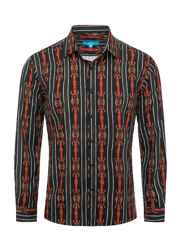 Red and Gold Printed Design Black L/S Shirt 4416 Earthy Women's 