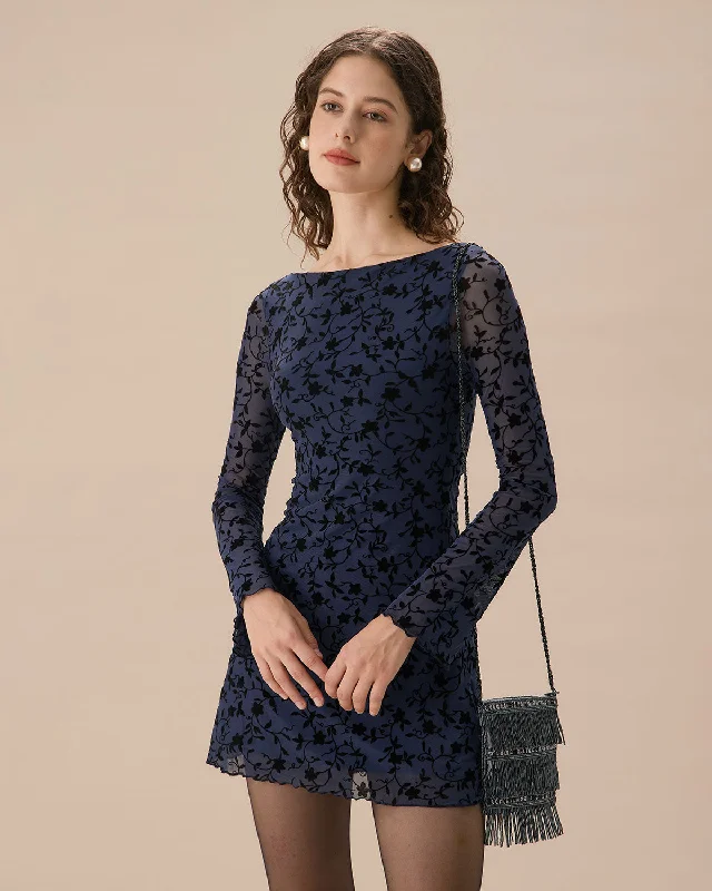 Women's Blue See-through Long Sleeve Mini Dress Artistic Women's Hand - painted