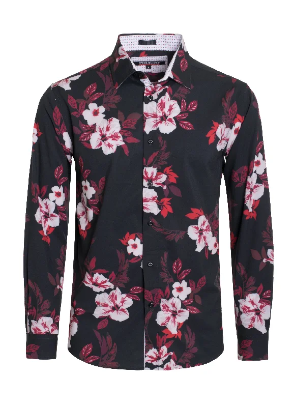 Black Tropical Print Stretch L/S Shirt (4835) Artistic Women's Hand - painted