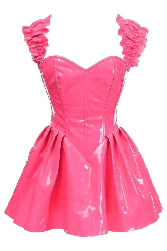 Glamorous Pink Vinyl Corset Dress with Reinforced Boning Hip Women's Retro