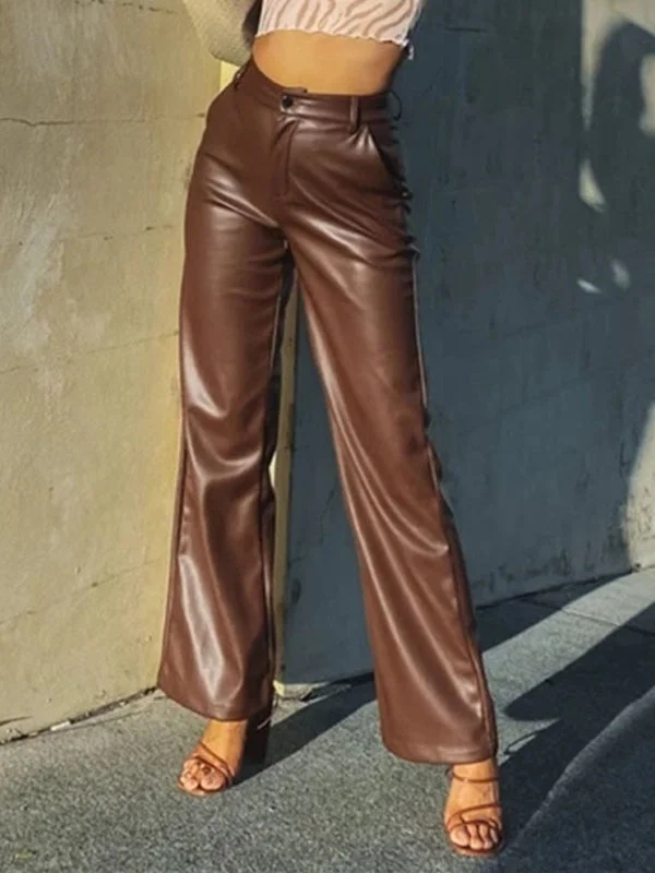 ZASUWA Female Fuax Leather Pocket Fashion Pants Elegant Women's Formal 