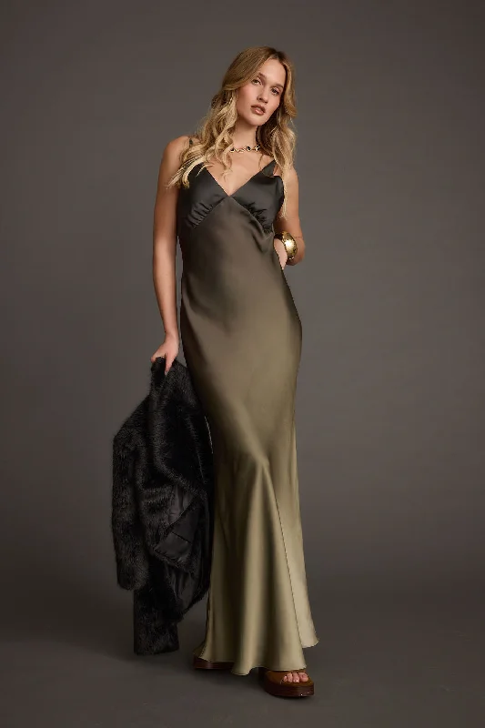 Mirabella Olive Satin Ombre Maxi Dress Dynamic Women's High - energy