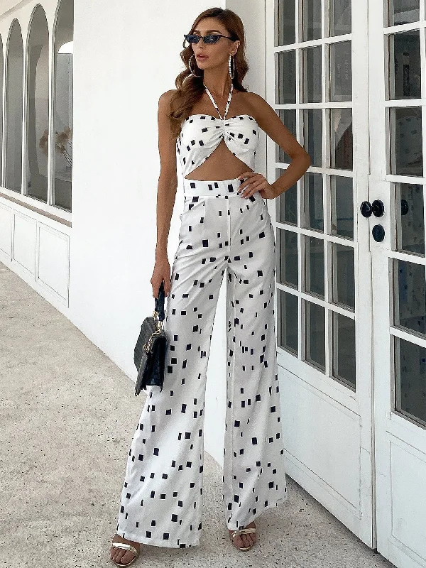 Boho Geometric Zipper Sleeveless Halter High Waist Long Women Jumpsuit Classic Women's Pin - striped Boho Geometric Zipper Sleeveless Halter High Waist Long Women Jumpsuit Classic Women's Pin - striped