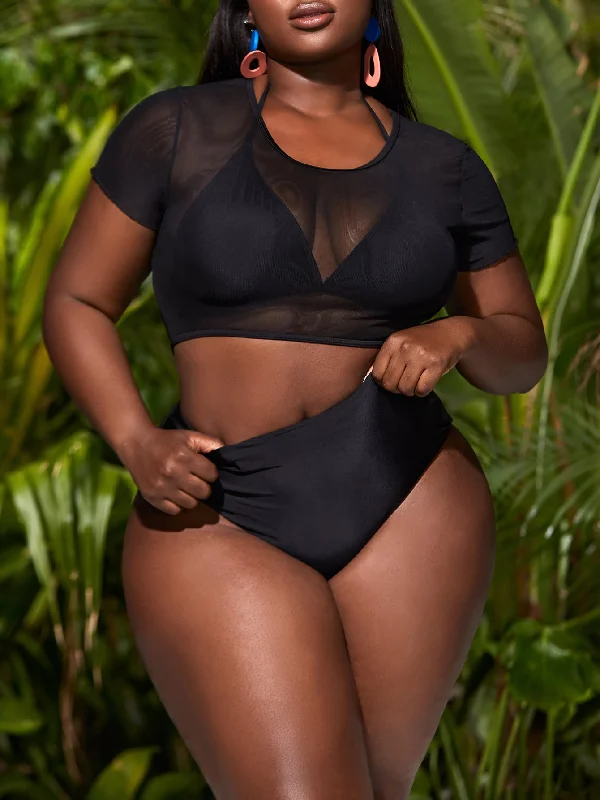 Casual Plain Halter Plus Size Tankini Artistic Women's Hand - painted