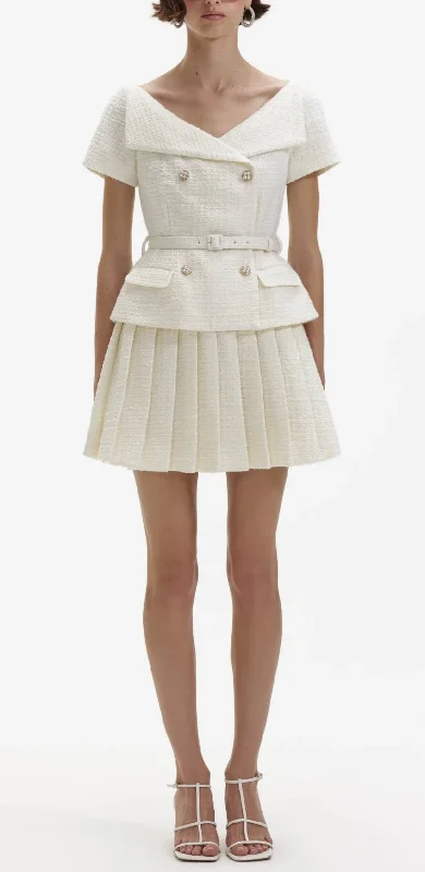Self-Portrait Cream Boucle Pleated Mini Dress Cashmere